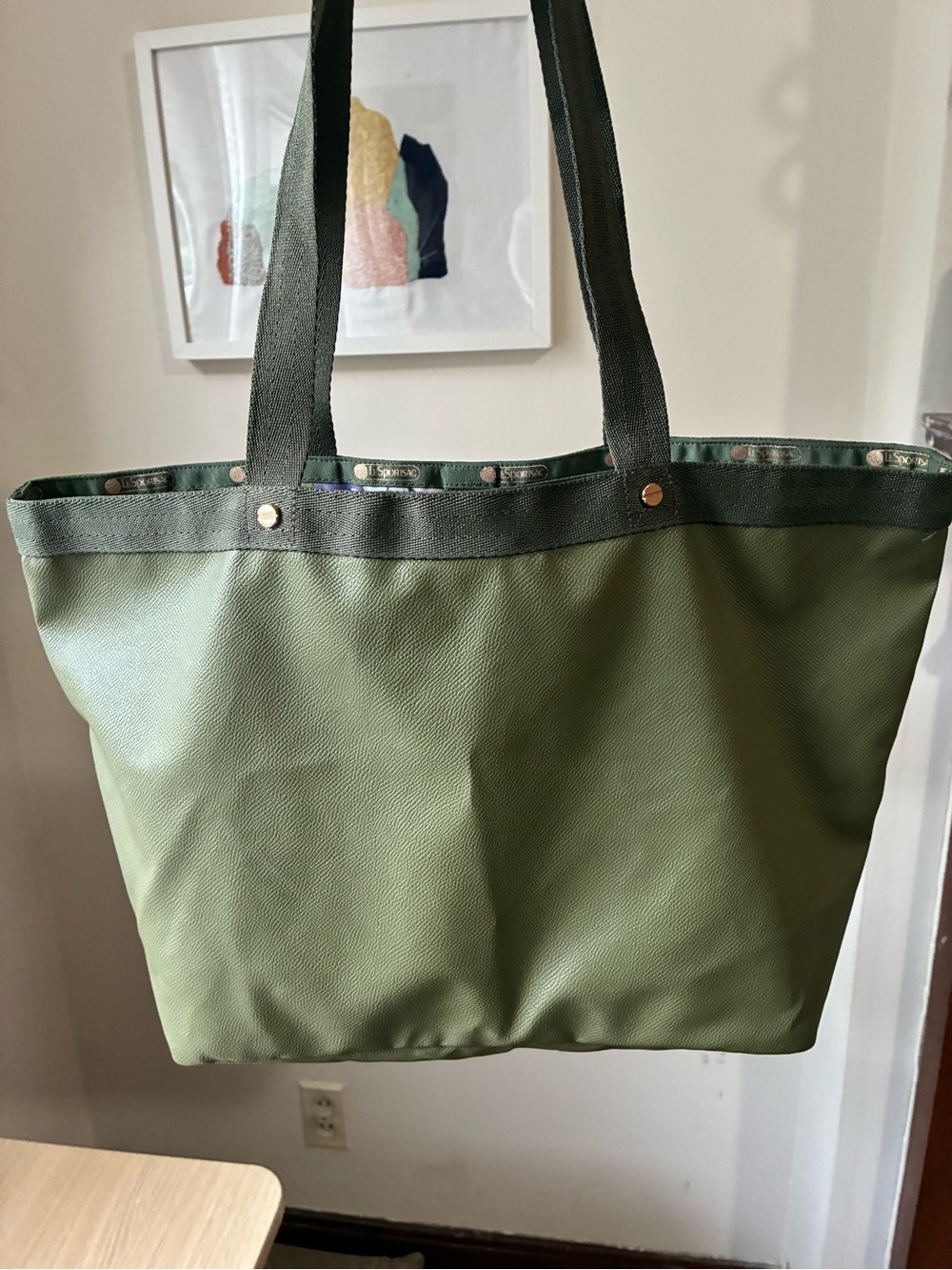 Lesportsac Olive Green Canvas Tote with Dark Strap Accents
